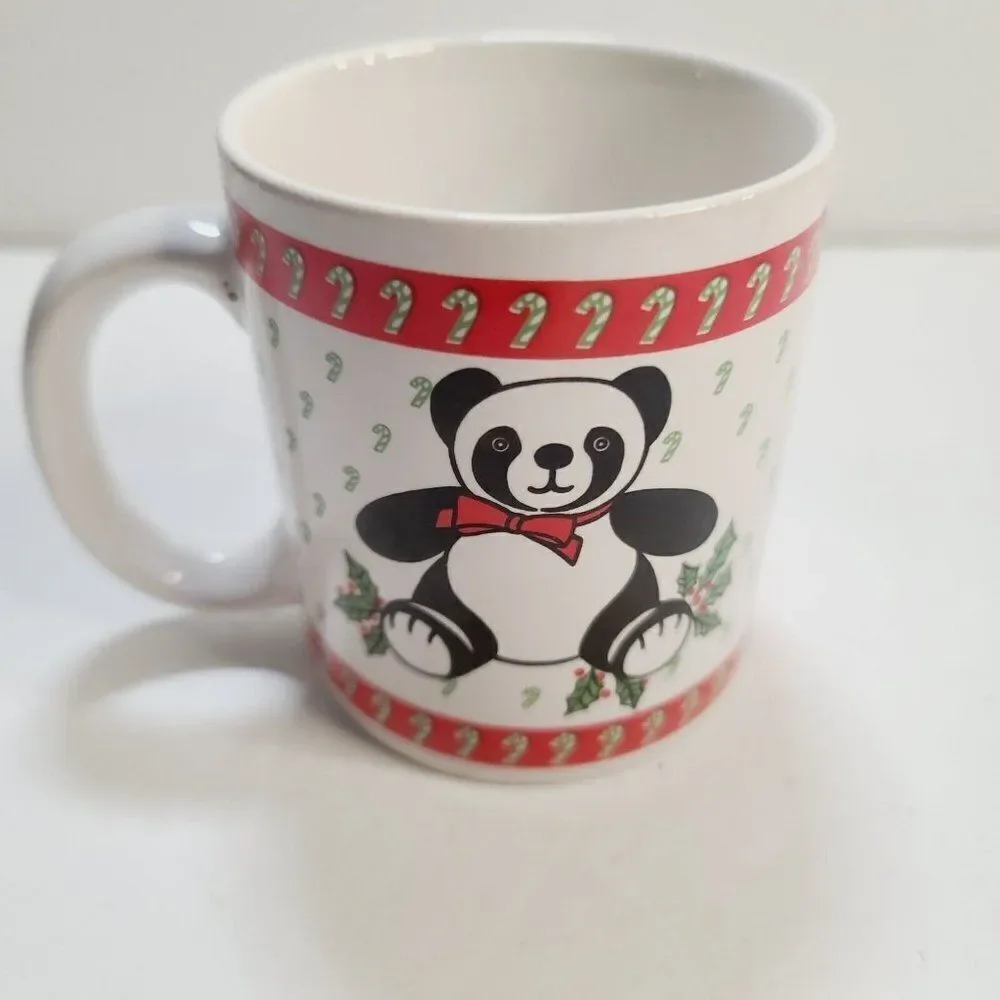 Vintage Kawaii Panda Bear Candy Cane Christmas Ceramic Coffee Mug